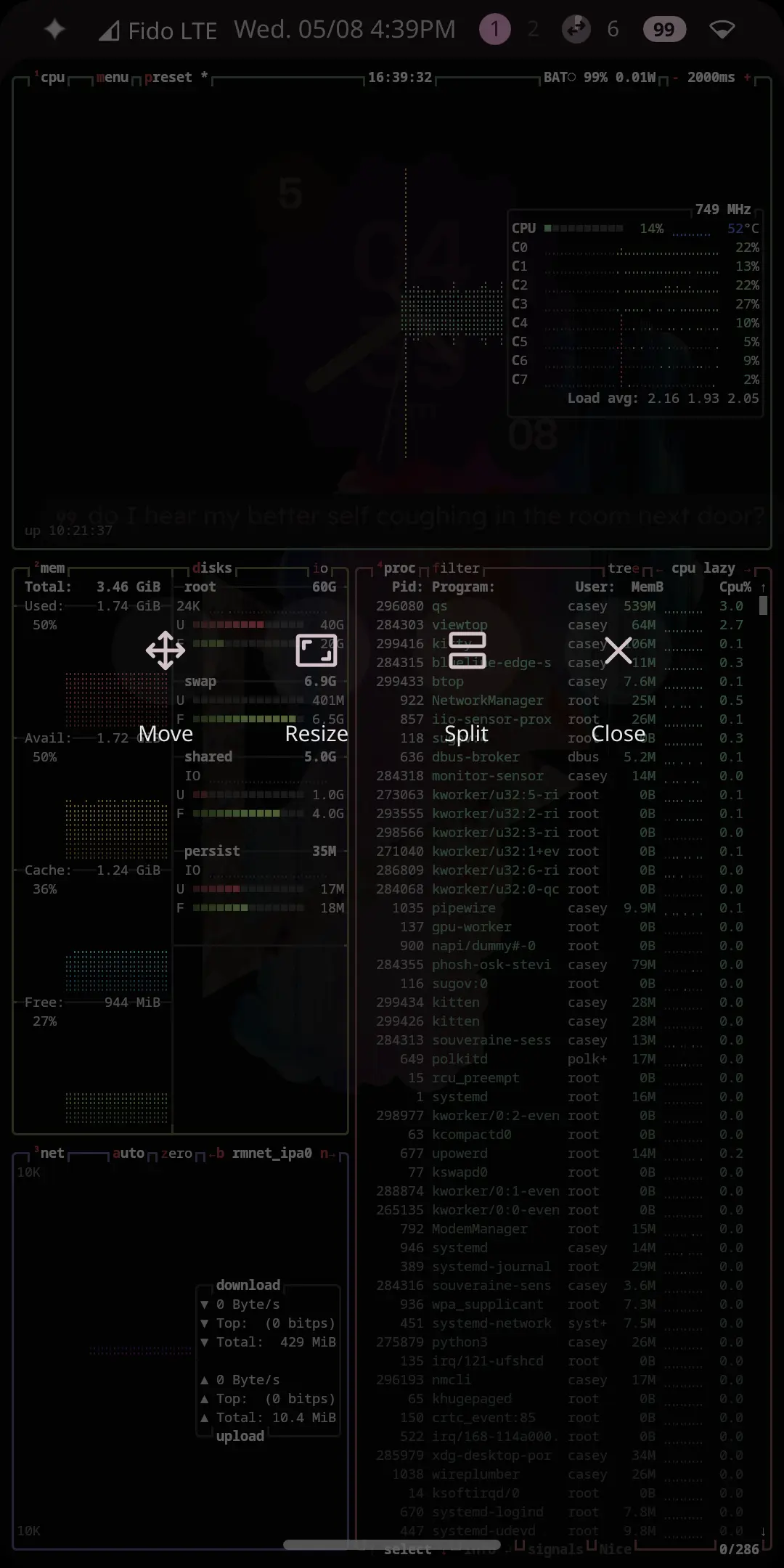 A Pixel 3 showing one btop system-monitor window beneath ViewTop controls labelled Move, Resize, Split and Close.